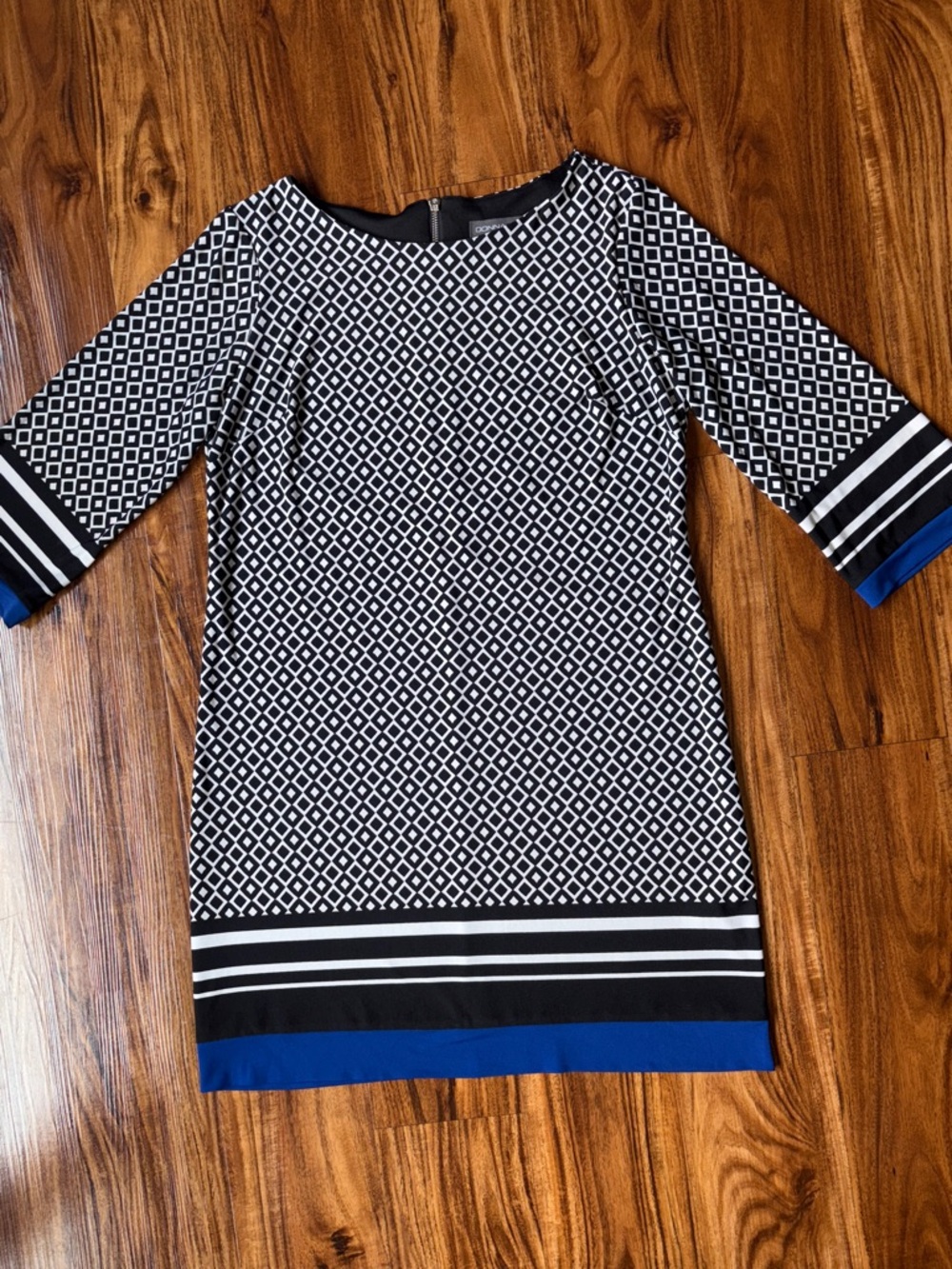 Donna Ricco Black and White Geometric Dress with Royal Blue Trim